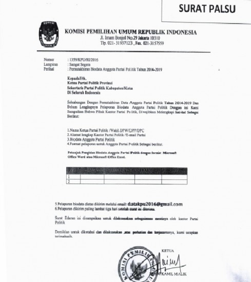 Surat Palsu Mengatasnamakan KPU RI