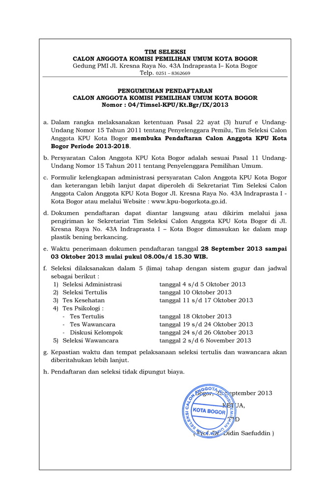 Pengumuman Pendaftaran Calon Anggota KPU Kota Bogor Periode 2013 - 2018